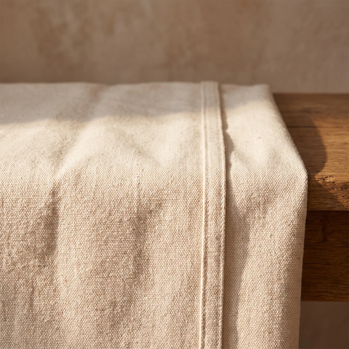Macro detail of heavy natural cotton canvas — visible warp and weft with a topstitched flat-felled seam
