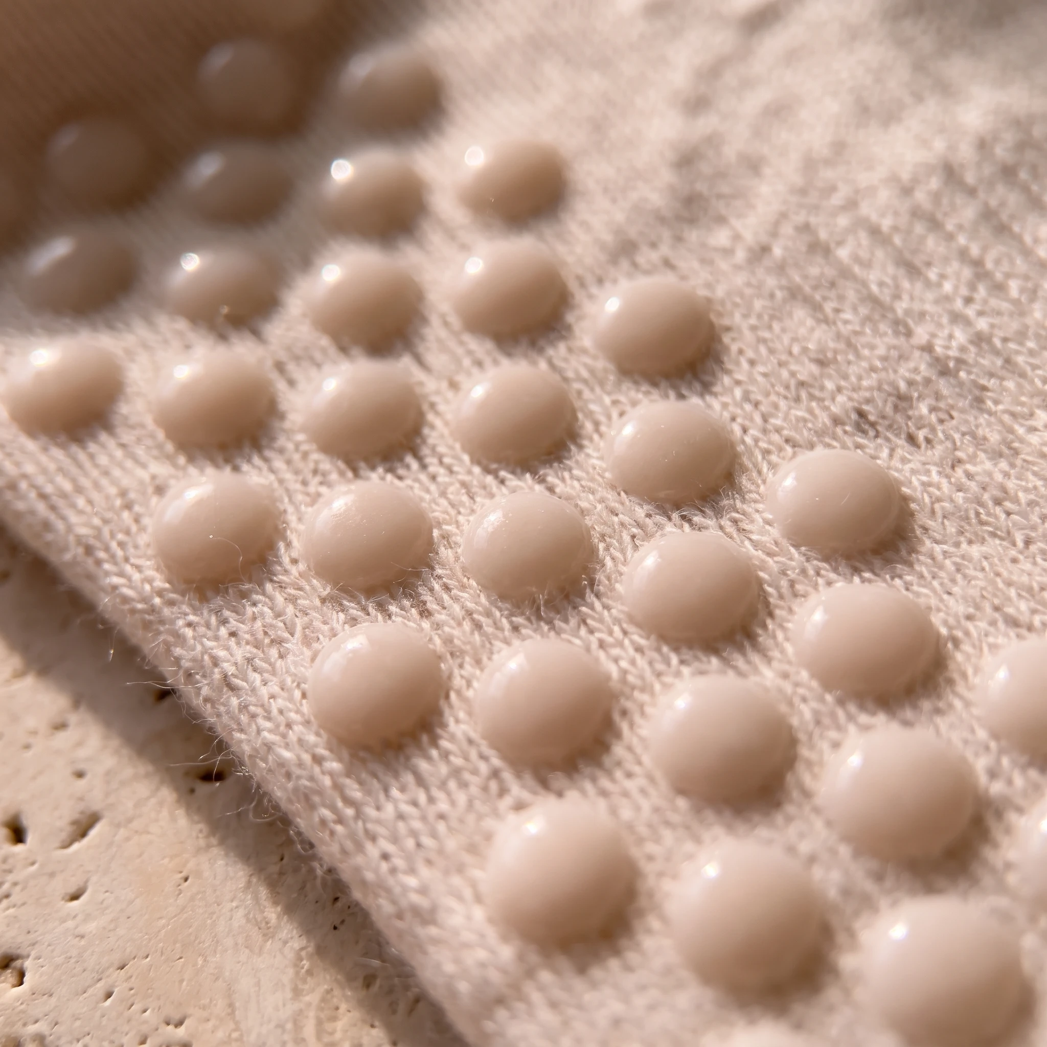 Macro detail of an ivory combed-cotton grip sock worn sole-up, with glossy muted silicone grip dots