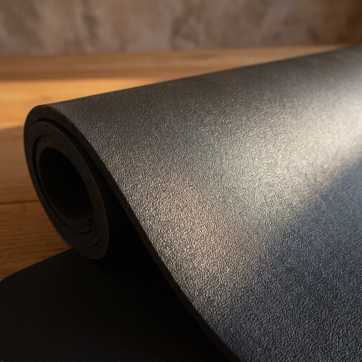 Macro detail of a charcoal polyurethane mat surface — fine pebbled matte grain at a rolled edge