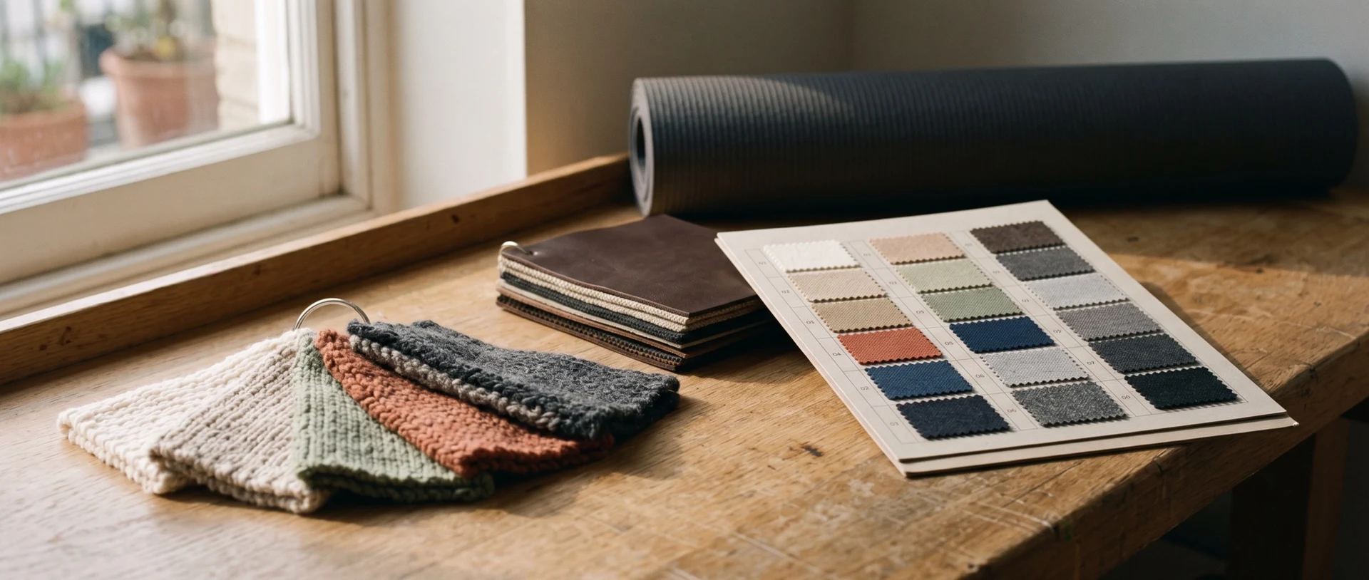Material swatches and samples arranged on a sourcing workbench