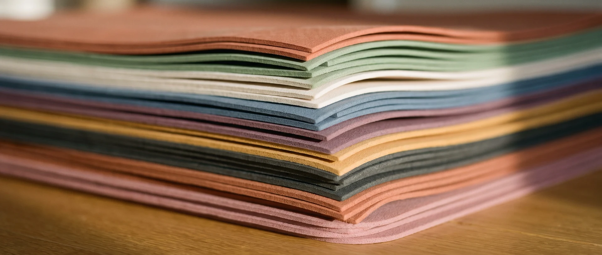 A stack of unrolled mats seen close at their fanned corners — terracotta, sage, ivory, slate, plum, ochre, charcoal and rose