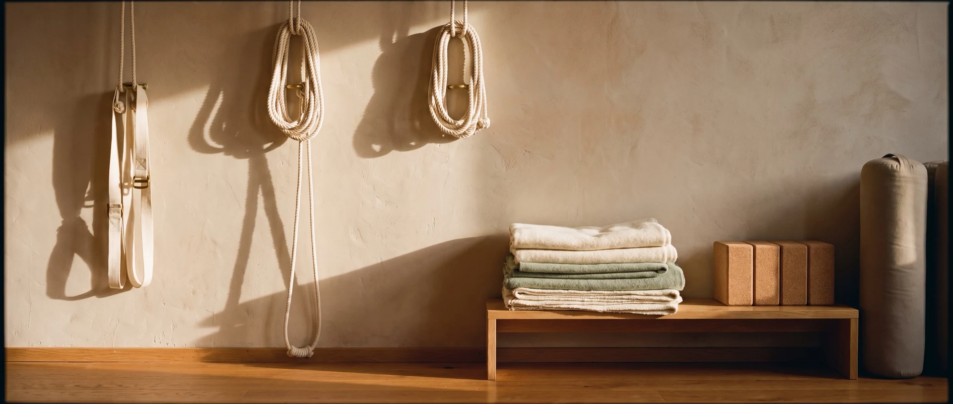 An Iyengar practice wall — coiled cotton ropes on wooden cleats, folded blankets and cork blocks on a low oak bench, a strap and bolster in evening light