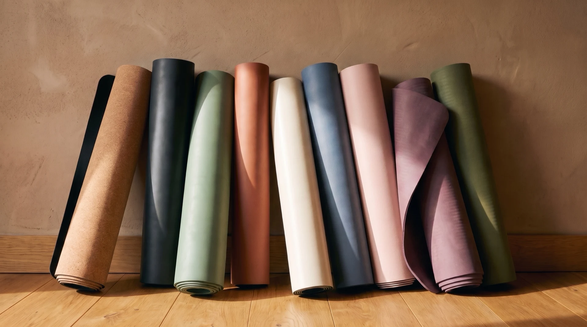Rolled mats standing together against a plaster wall in cork, charcoal, sage, terracotta, ivory, slate, jute and plum finishes