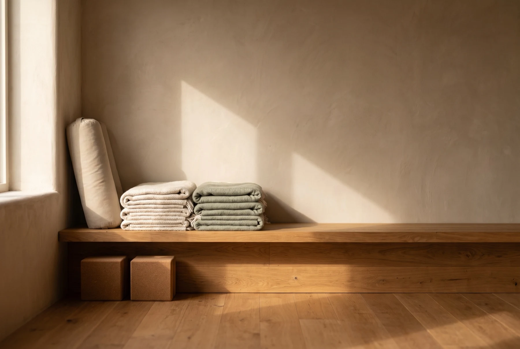 Folded ivory and sage blankets, a bolster and cork blocks on a sunlit studio bench